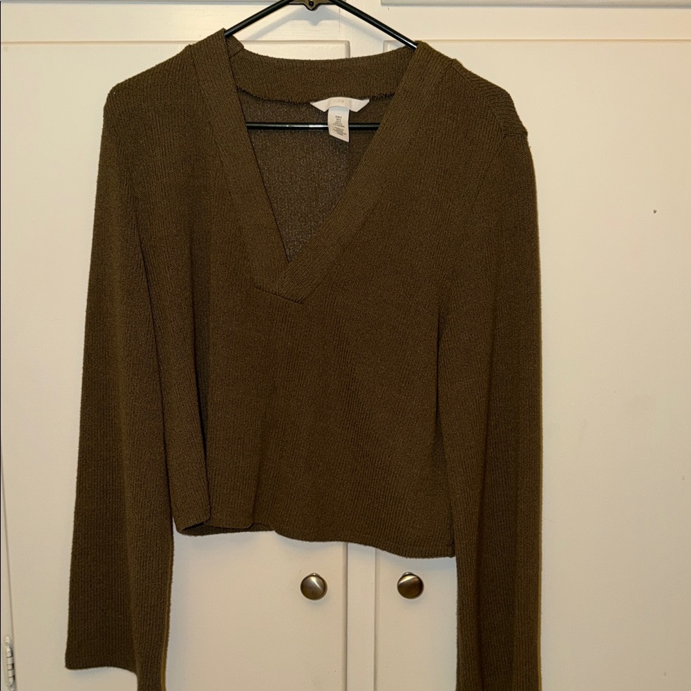 Olive Green Over-Sized cropped V-Neck Sweater